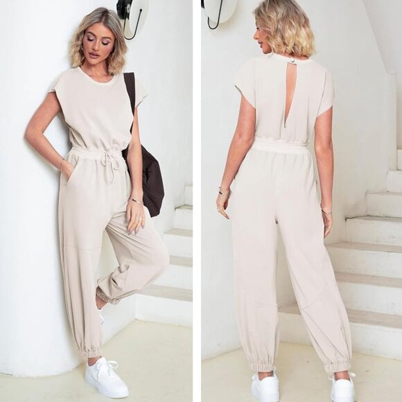 Cream Crewneck Cutout Back Cinched Waist Cap Sleeve Jumpsuit 27131 - Picture 1 of 11
